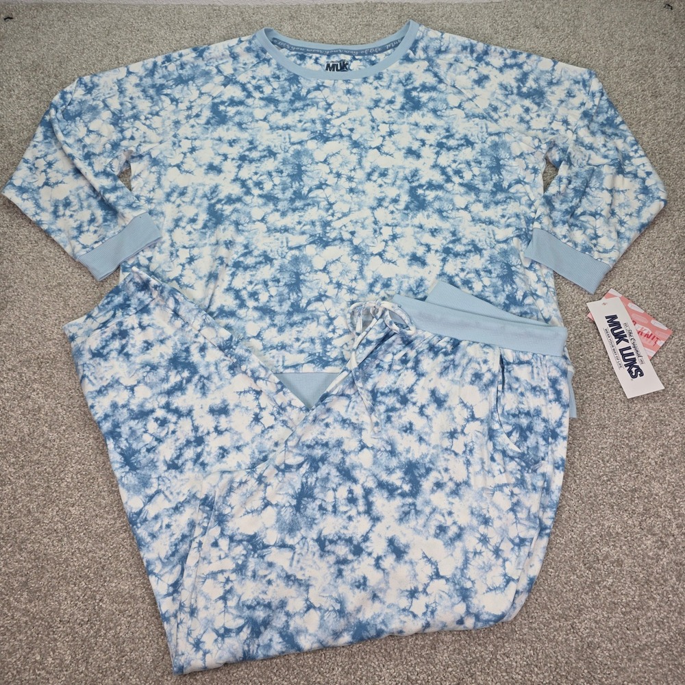 Muk Luks Womens 2X Pajama Set Blue Tie Dye Butter Knit Lounge Top Pants NWT